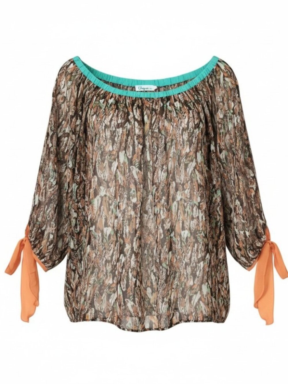 Umgee Women's Small Multicolor Sheer Feather Bow Sleeves Boho Casual Top